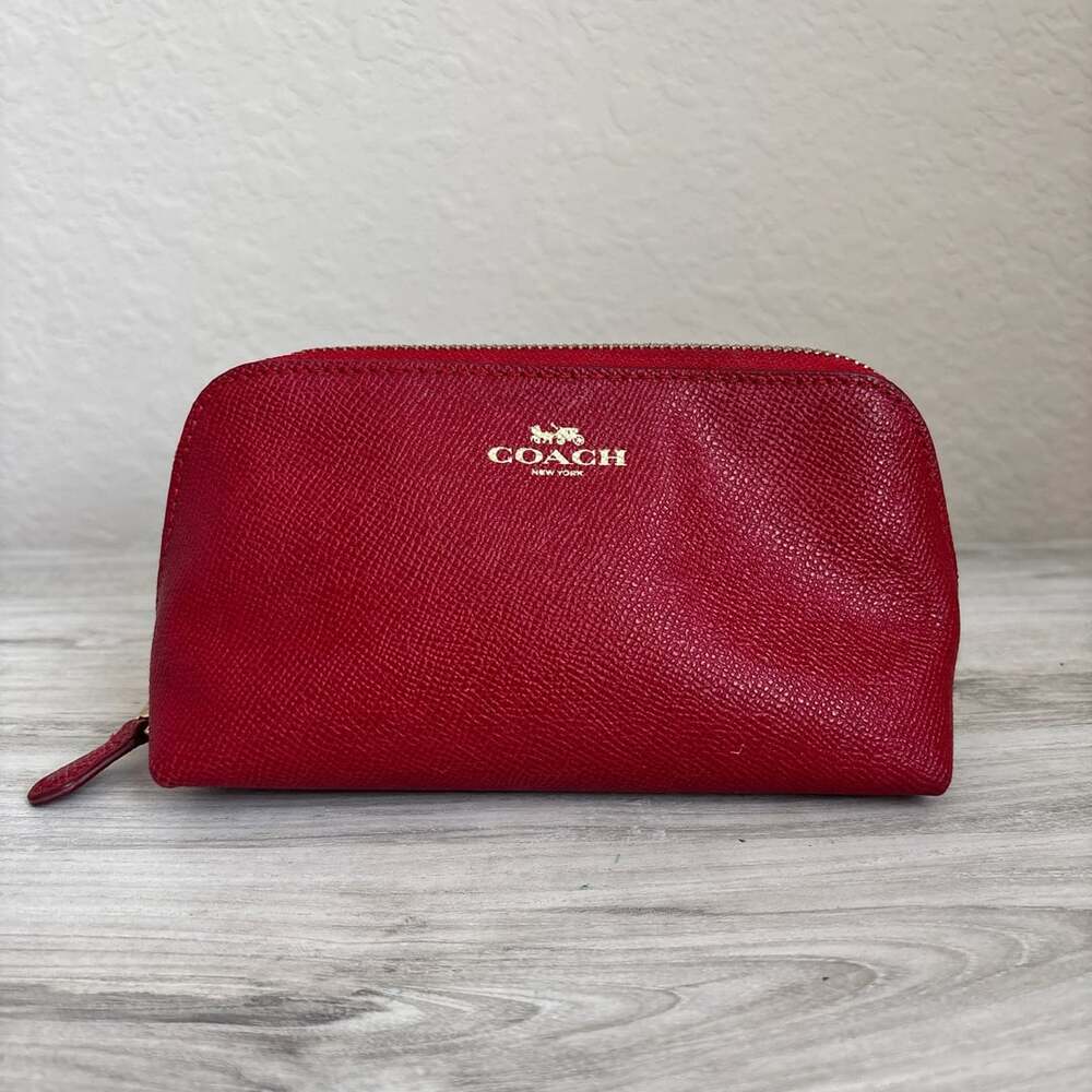 Coach Red Dome Crossgrain Leather Cosmetic Case Makeup Bag Zip Pouch